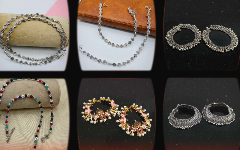 Artificial Payal or anklets for Rakhi, including minimal and sophisticated simple chains, cheerful and cute beaded anklets for everyday wear, and formal Kundan anklets for festive occasions, perfect for expressing love and affection on this special day.