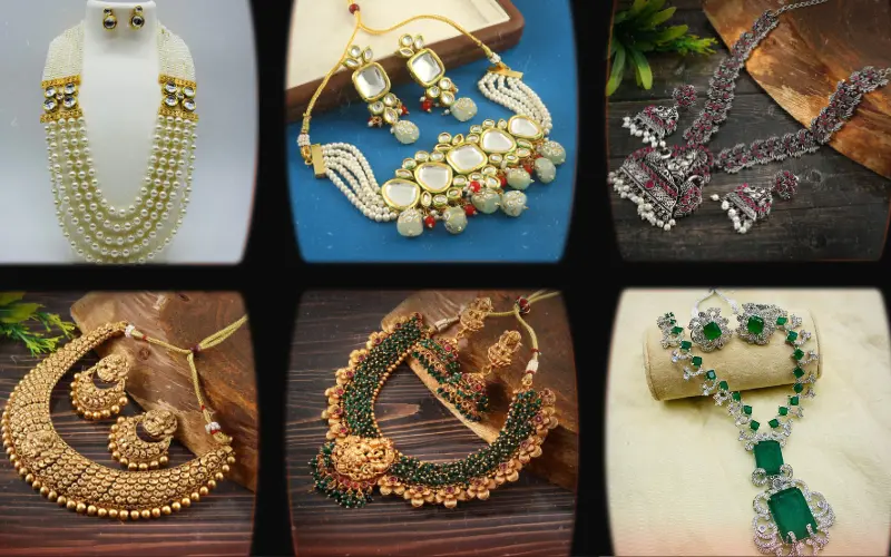 Artificial necklaces for Rakhi, including chokers that are tightly fitted and complement ethnic or modern outfits, pendant necklaces with a prominent central pendant, and bib necklaces that are larger and ideal for festive occasions, creating a unique and recognizable image.