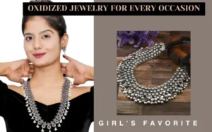 Various oxidized jewelry pieces including necklaces, earrings, and bracelets, styled with different outfits for casual, professional, and festive occasions.