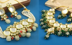 Intricate Kundan jewellery featuring uncut gemstones set in pure gold, showcasing traditional Indian craftsmanship.